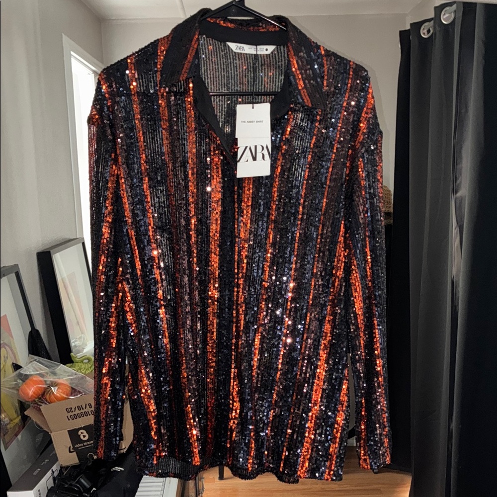 Zara - The Abbey Shirt - Black and Orange Sequin Top Size Small